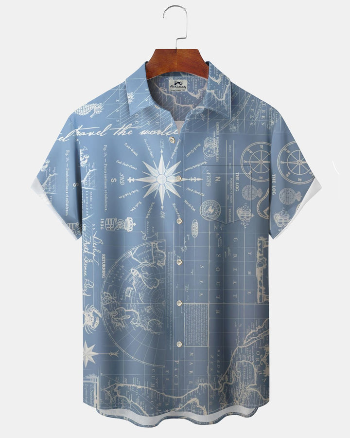 Alohadaddy® Vintage Nautical Map Print Art Pocket Button-Down Men&