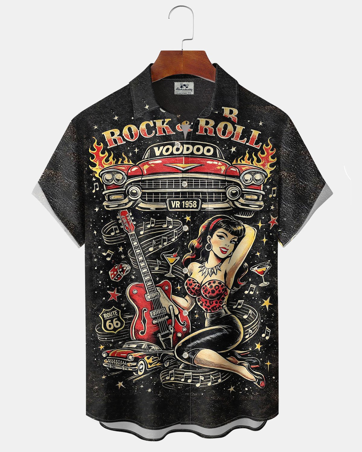 Alohadaddy® Retro Rock Poster Print Art Pocket Button Men's Short-Sleeve Shirt Big & Tall