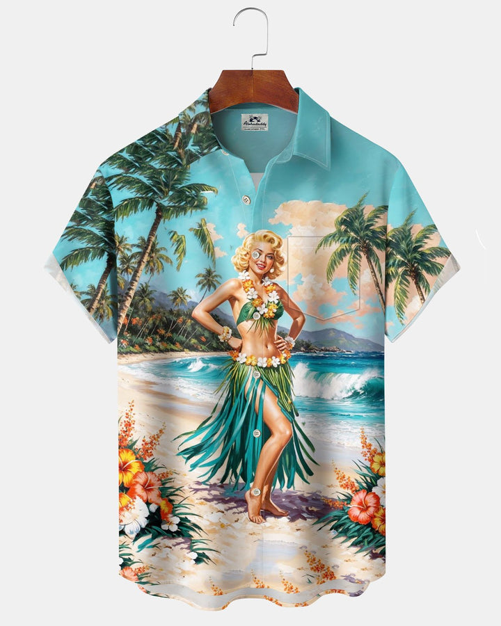 Alohadaddy® Hawaiian Vacation Poster Girl Print Art Button Cardigan Pocket Men&