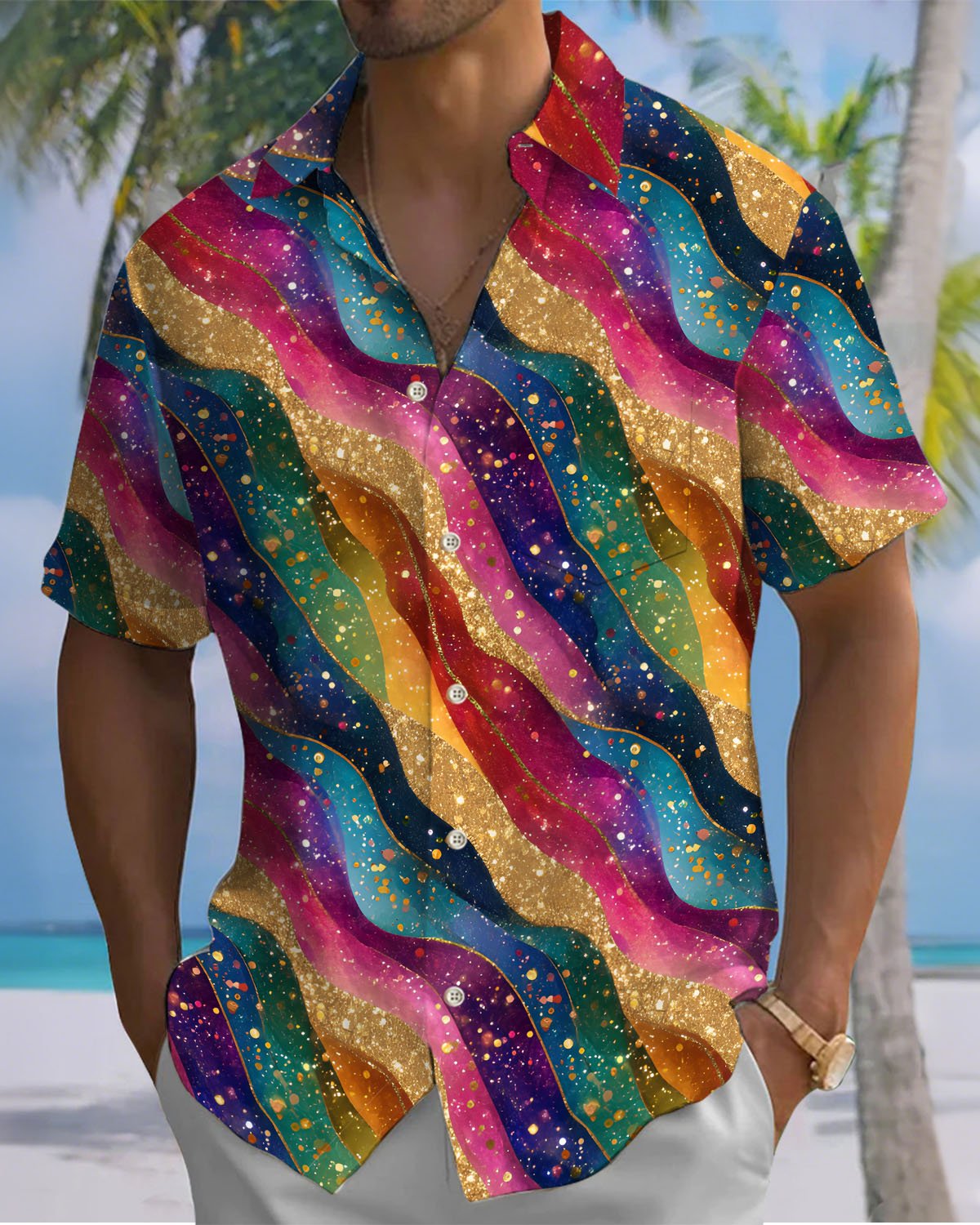 Alohadaddy® Casual Colorful Striped Art Print Cardigan with Buttons and Pockets  Men's Short Sleeve Shirt Big & Tall