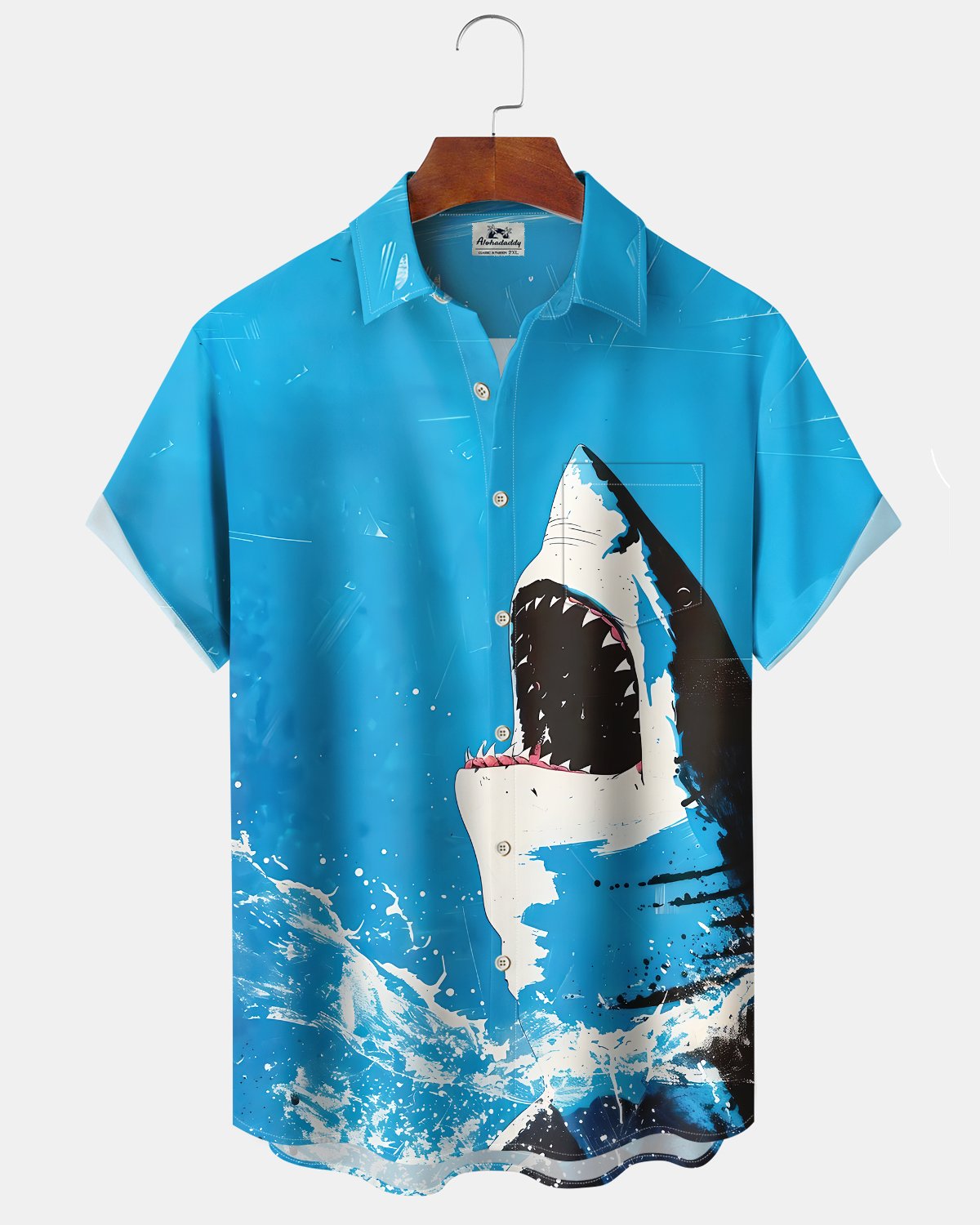 Alohadaddy® Hawaiian Shark Print Art Button Pocket Cardigan Men's Short Sleeve Shirt Big & Tall