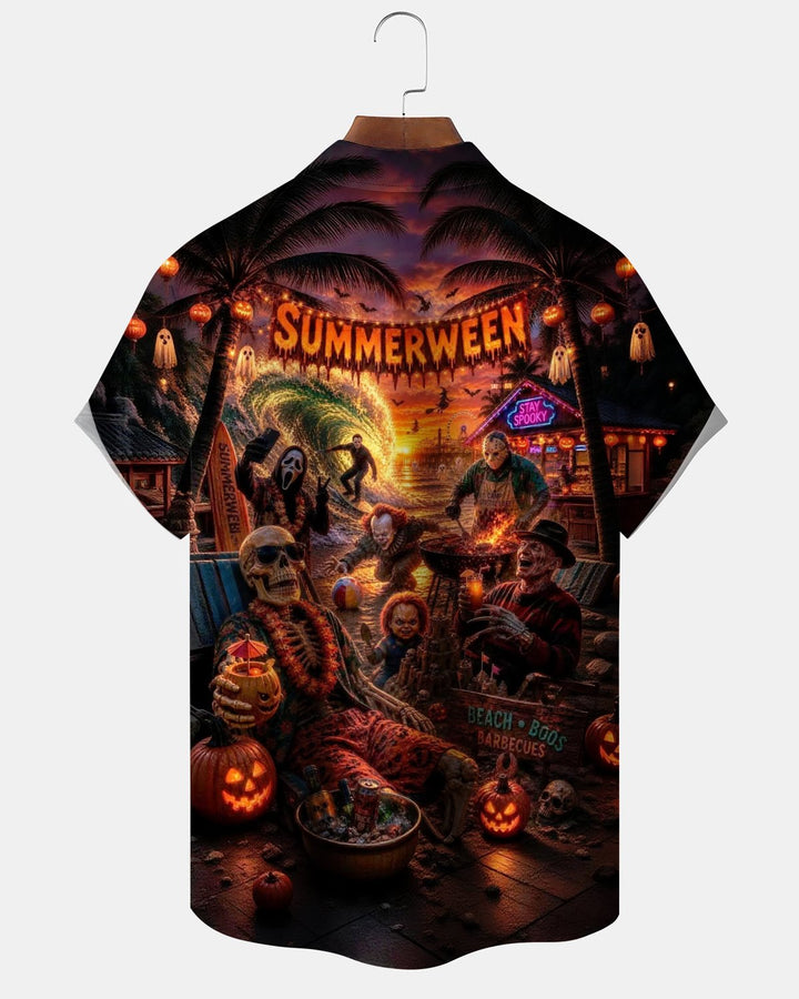 Alohadaddy® Holiday Halloween Print Button-Down Pocket Cardigan Short-Sleeve Shirt for Men