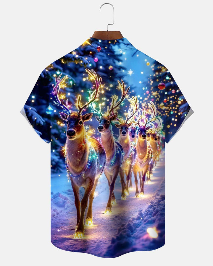 Alohadaddy® Holiday/Christmas Reindeer Print Button-Down Cardigan-Style Short-Sleeve Shirt with Pocket for Men