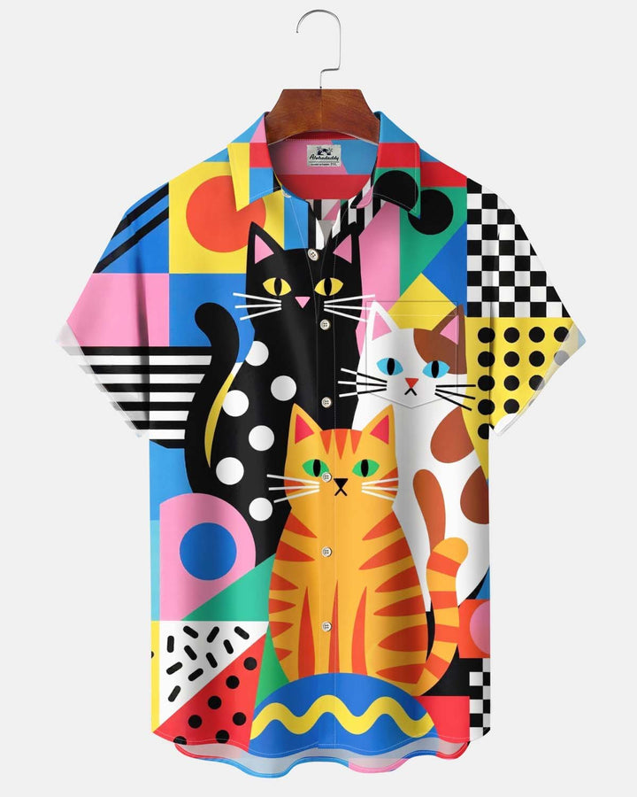 Alohadaddy® Men’s Short-Sleeve Button-Down Shirt Vintage-Style Geometric Cat-Print Cardigan with Pocket