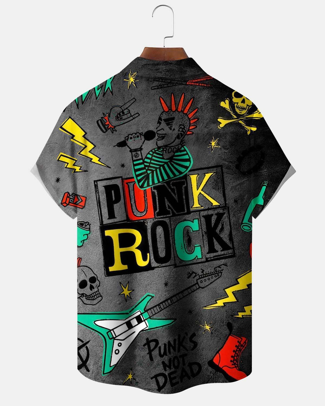 Alohadaddy® Men’s Short-Sleeve Button-Down Shirt with Pocket Vintage Rock &amp; Roll Graphic Print