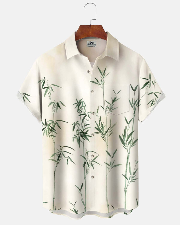 Alohadaddy® Men’s Short-Sleeve Button-Down Shirt with Bamboo Print Featuring a Chest Pocket