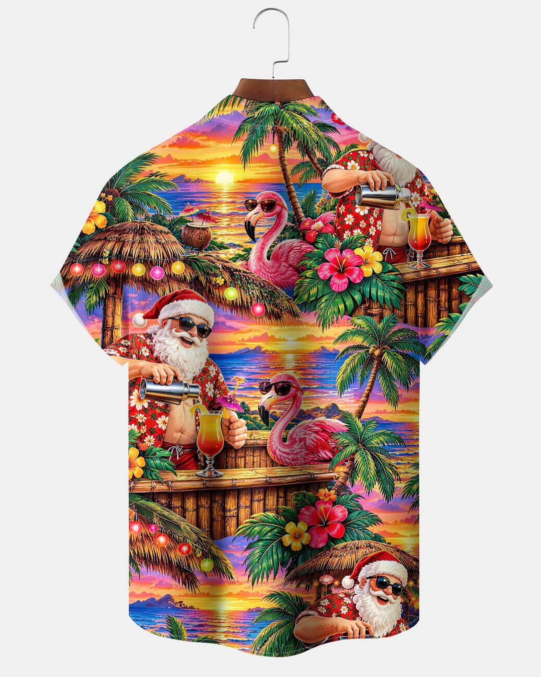 Alohadaddy® Men’s Short-Sleeve Button-Down Shirt Hawaiian-Style Christmas Flamingo Print with Chest Pocket