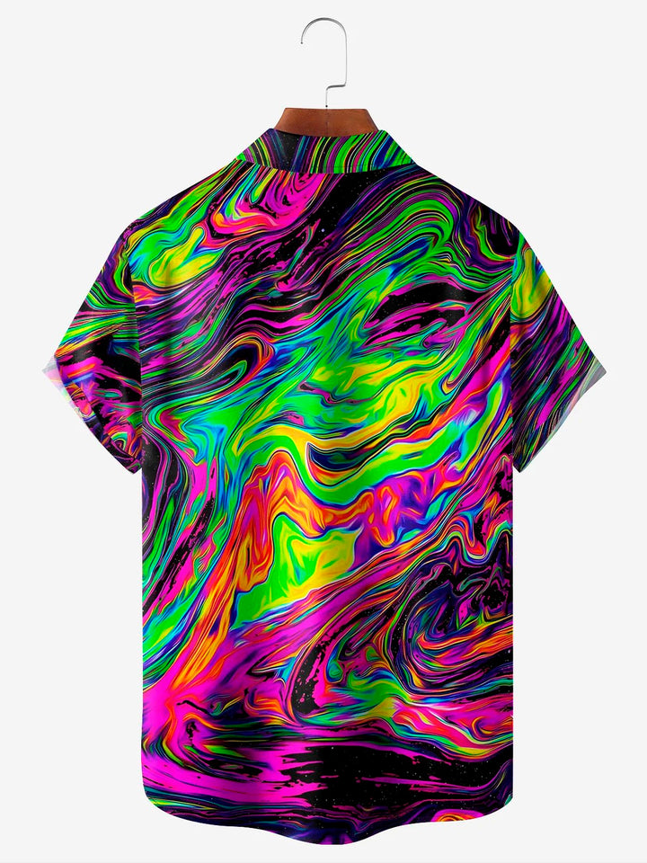 Camisa de manga corta con bolsillo abotonado y estampado digital 3D con degradado abstracto retro para hombre de Alohadaddy, talla grande y alta