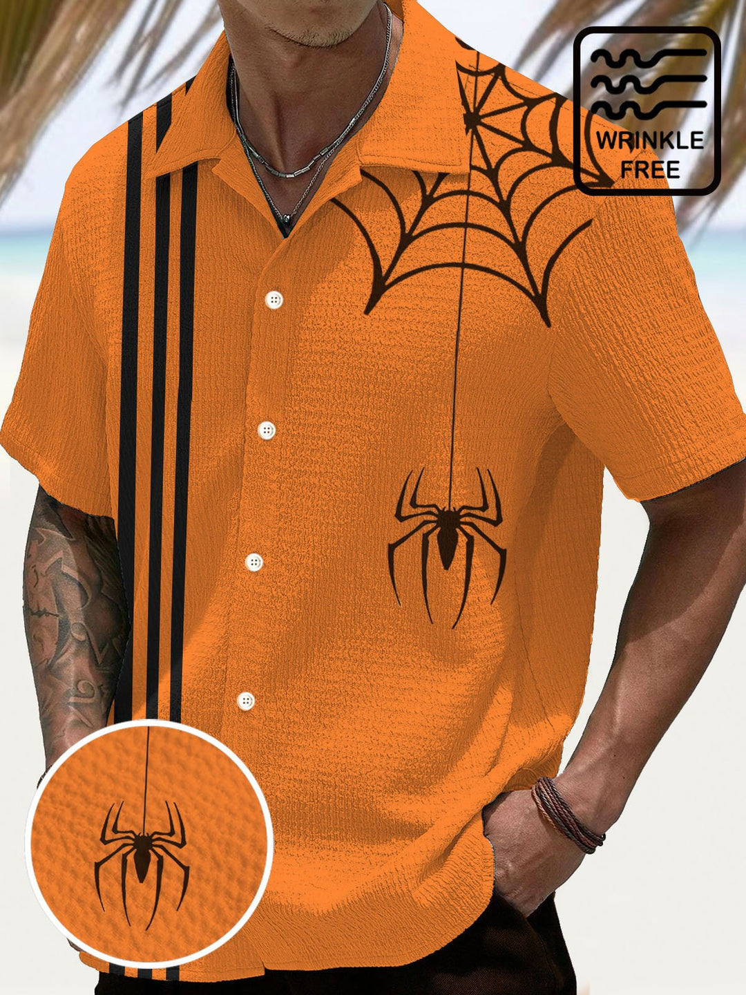 Chemise à manches courtes et poches à boutons pour homme avec imprimé numérique 3D à rayures et araignées d&