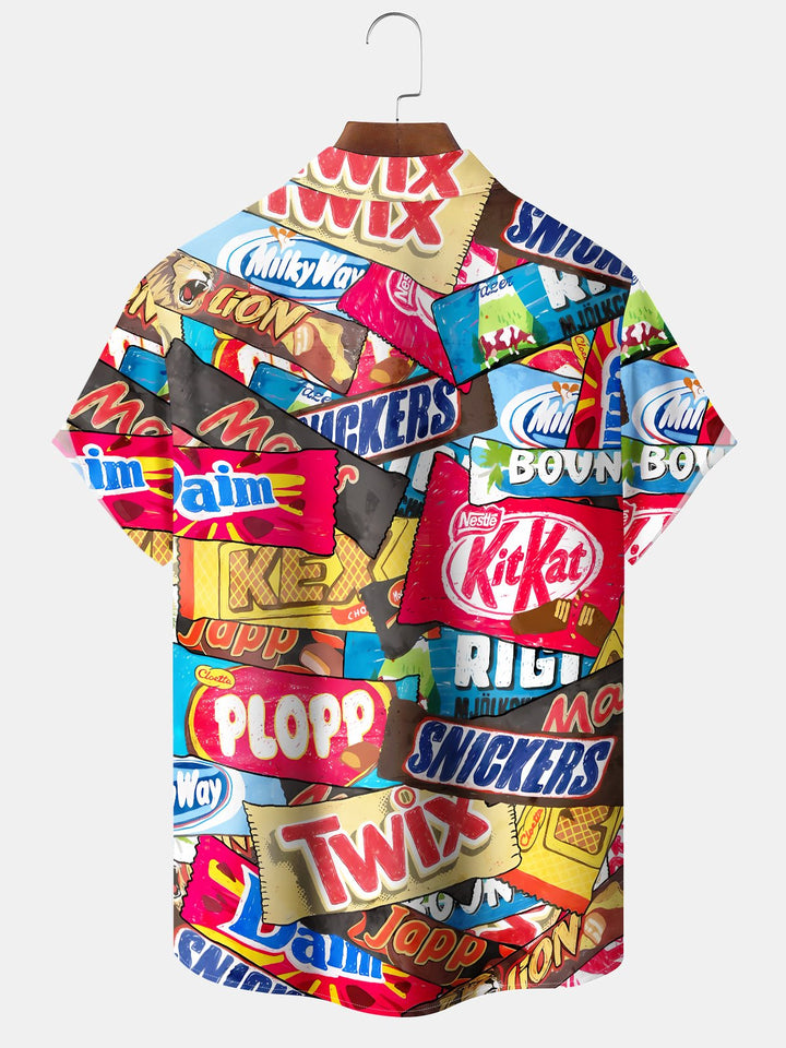 Alohadaddy Casual Retro Series Candy Paper Print Art Pocket Button Elastic Large Size Shirt
