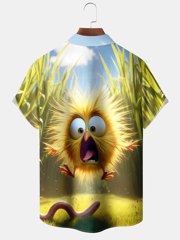 Alohadaddy Hawaiian Holiday Style Little Yellow Chicken Print Art Pocket Button Elastic Large Size Shirt