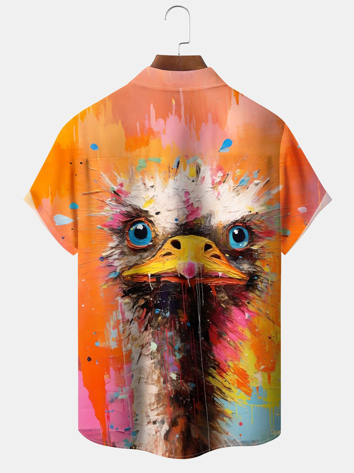 Alohadaddy Hawaiian Ink Painting Colorful Ostrich Print Button Cardigan Pocket Stretch Large Size Short Sleeve Shirt