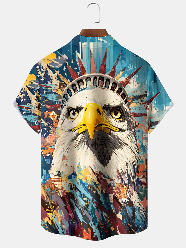 Alohadaddy Holiday Collection Independence Day American Eagle Button Cardigan Pockets Stretch Oversized Polyester Short Sleeve Shirt