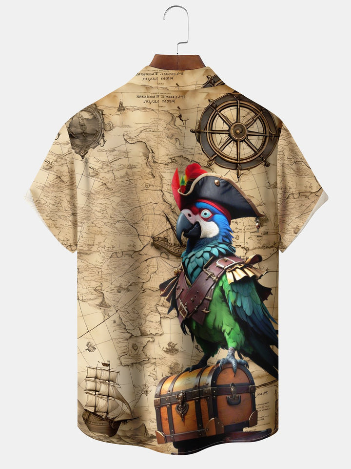 Alohadaddy Hawaiian Casual Nautical Chart Parrot Art Print Button Cardigan Pockets Stretch Oversized Polyester Short Sleeve Shirt