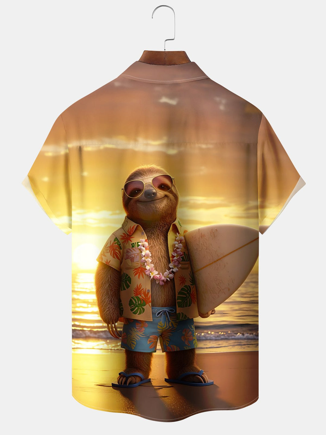 Alohadaddy Hawaii Vacation Sloth Surfboard Print Art Button Cardigan Pockets Breathable Soft Long Large Size Short Sleeve Shirt