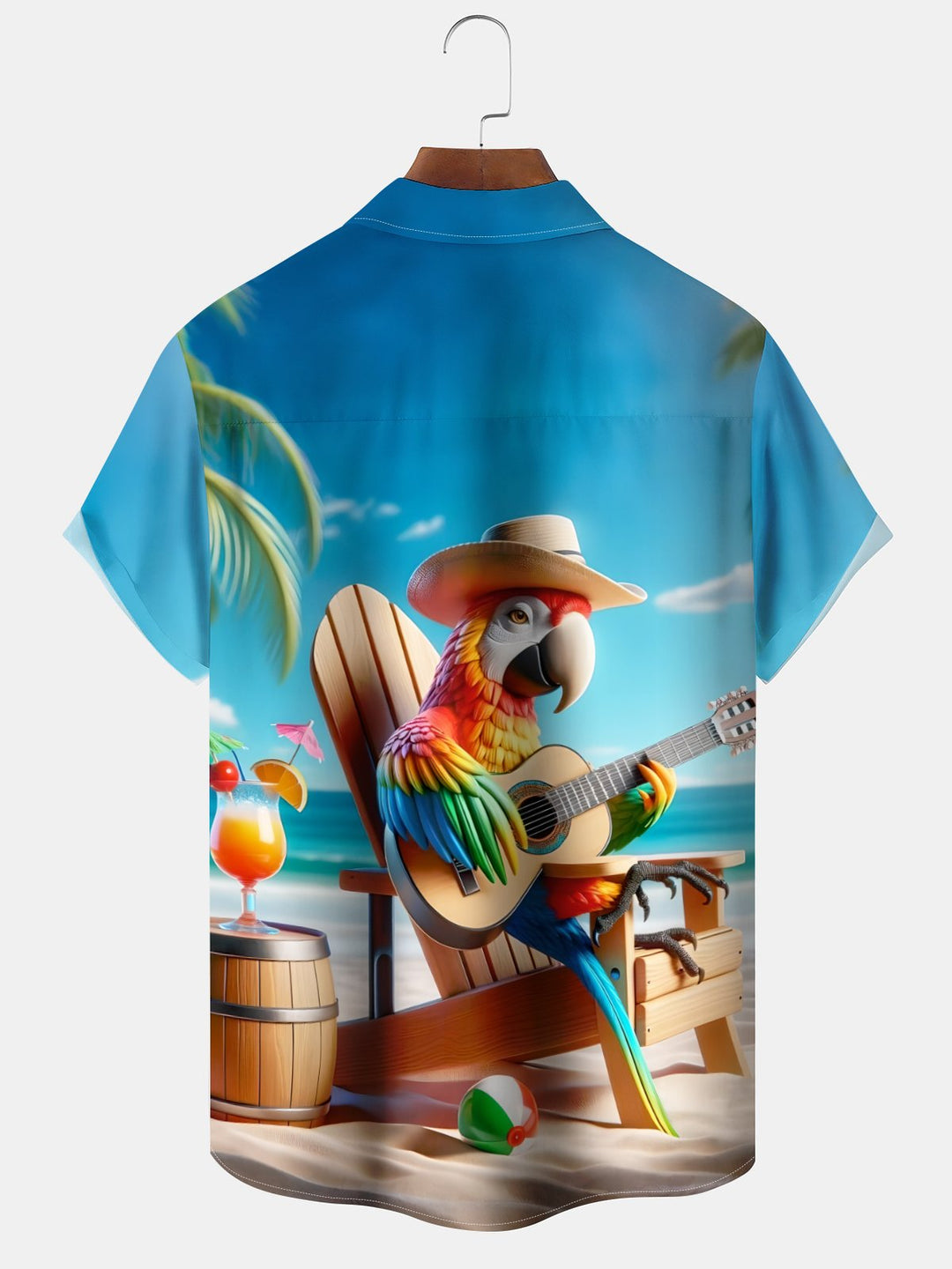 Alohadaddy Casual Collection Hawaii Vacation Parrot Guitar Print Art Button Cardigan Pocket Fresh Stretch Polyester Short Sleeve Shirt