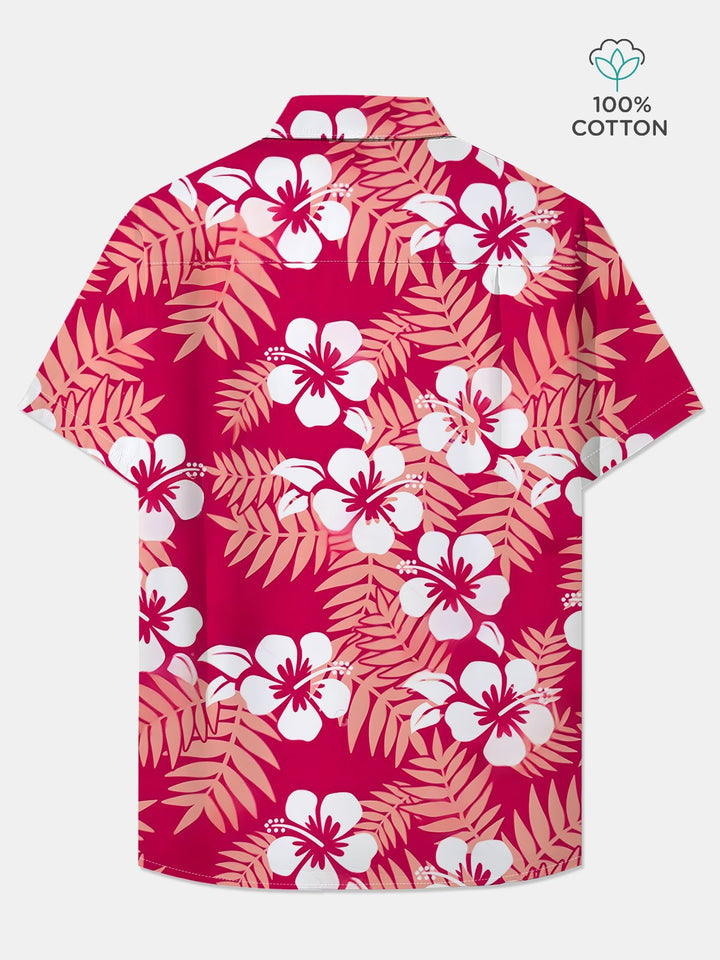 Alohadaddy® Cotton Hibiscus Flower Art Print Chest Pocket Cardigan Oversized Long Hawaiian Short Sleeve Shirt
