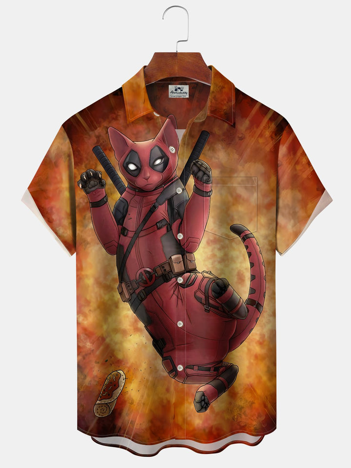 Alohadaddy® Casual Vintage Deadpool Cat Print Art Chest Pocket Moisture Wicking Oversized Hawaiian Shirt