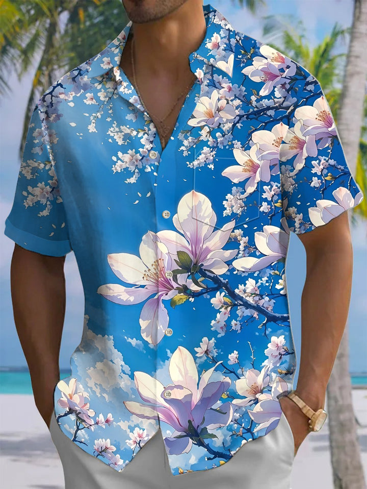 Alohadaddy® Hawaiian Floral Print Chest Pocket Stretch Large Size Men&