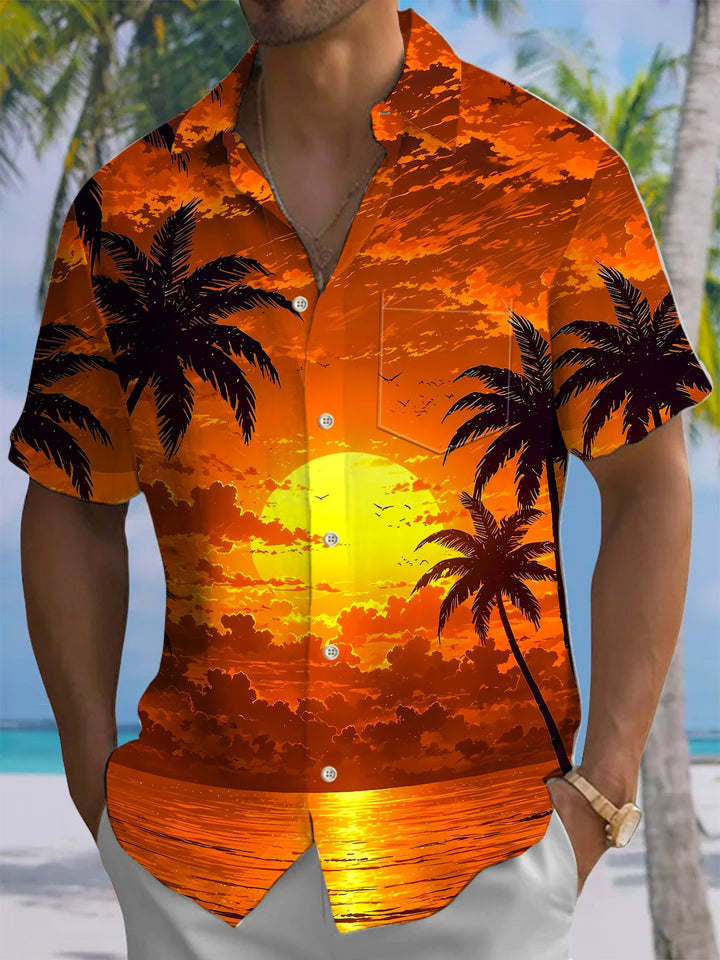 Alohadaddy® Palm Tree Sunset Chest Pocket Hawaiian Men&