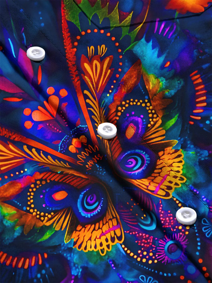 Alohadaddy® Vintage Abstract Butterfly Art Print Chest Pocket Mens Short Sleeve Shirt Big &amp; Tall