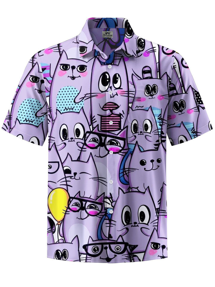 Alohadaddy® Casual Cartoon Cat Print Artwork Chest Pocket Men&