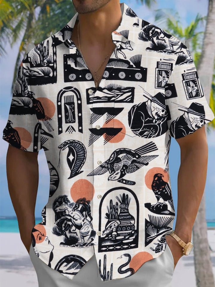Alohadaddy® Retro Graffiti Print Pocket Button Stretch Men&