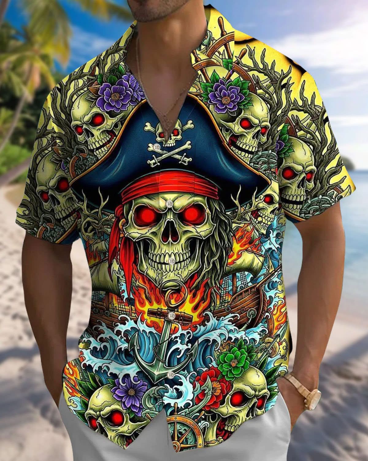 Alohadaddy® Vintage Skull Pirate Pocket Elastic Button Men's Short Sleeve Shirt Big & Tall