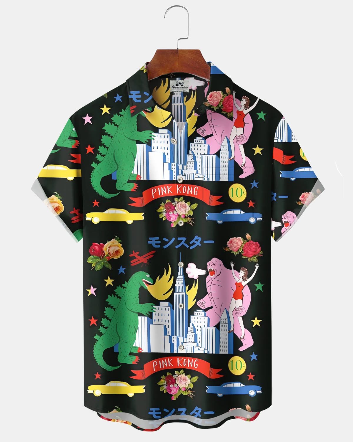 Alohadaddy® Retro Godzilla Geometric Cartoon Print Art Pocket Button Men's Short Sleeve Shirt Big & Tall