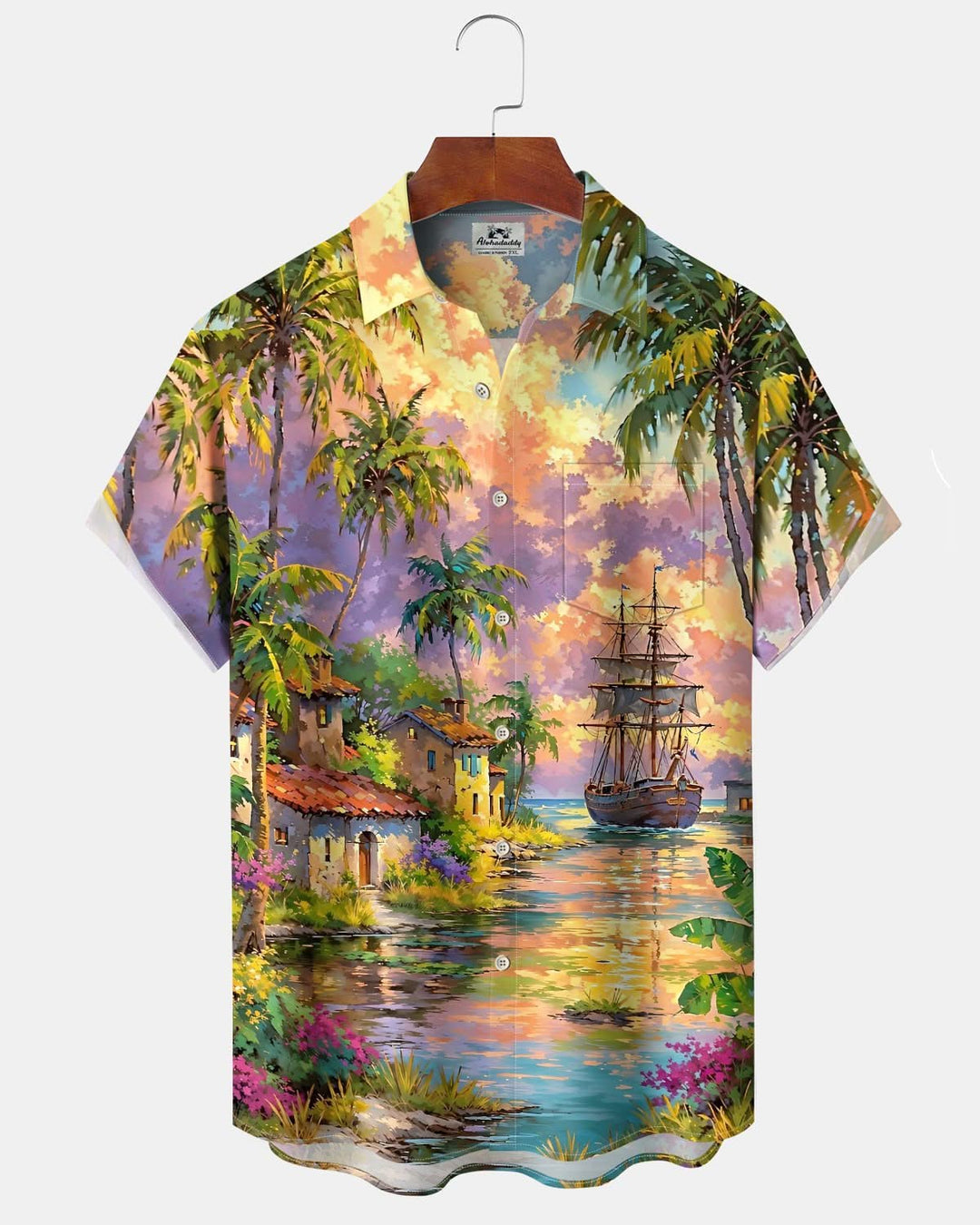 Alohadaddy® Hawaiian Beach Vacation Print Art Pocket Button Stretch Men&