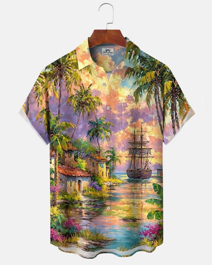 Alohadaddy® Hawaiian Beach Vacation Print Art Pocket Button Stretch Men&