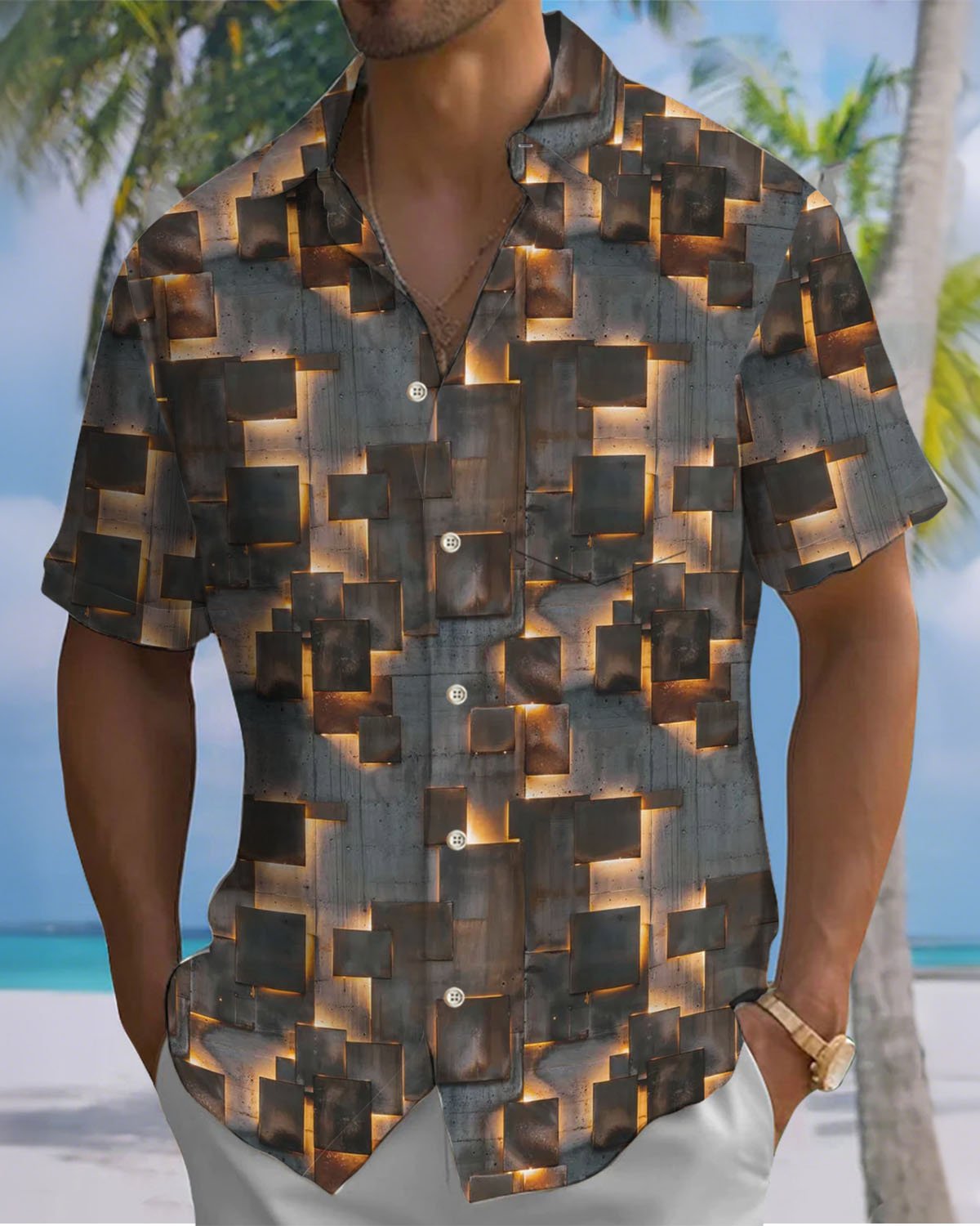 Alohadaddy® Retro Geometric Brick Print Art Stretch Button Pocket Men's Short Sleeve Shirt Big & Tall