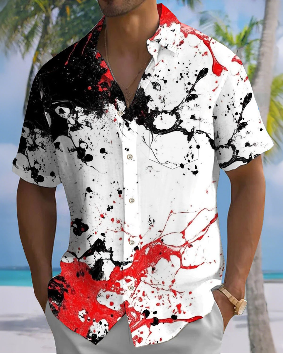 Alohadaddy® Casual Abstract Acrylic Print Art Stretch Men's Short-Sleeve Shirt with Pocket Buttons - Big & Tall