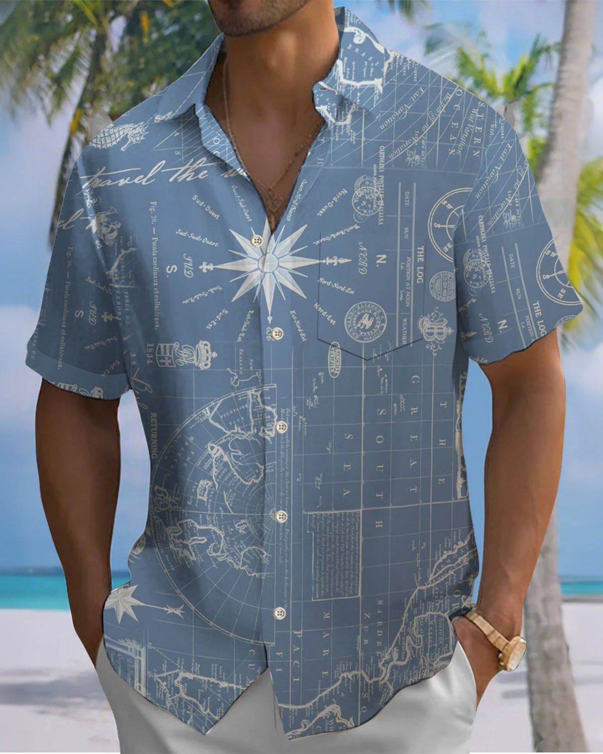 Alohadaddy® Vintage Nautical Map Print Art Pocket Button-Down Men's Short-Sleeve Shirt Big & Tall