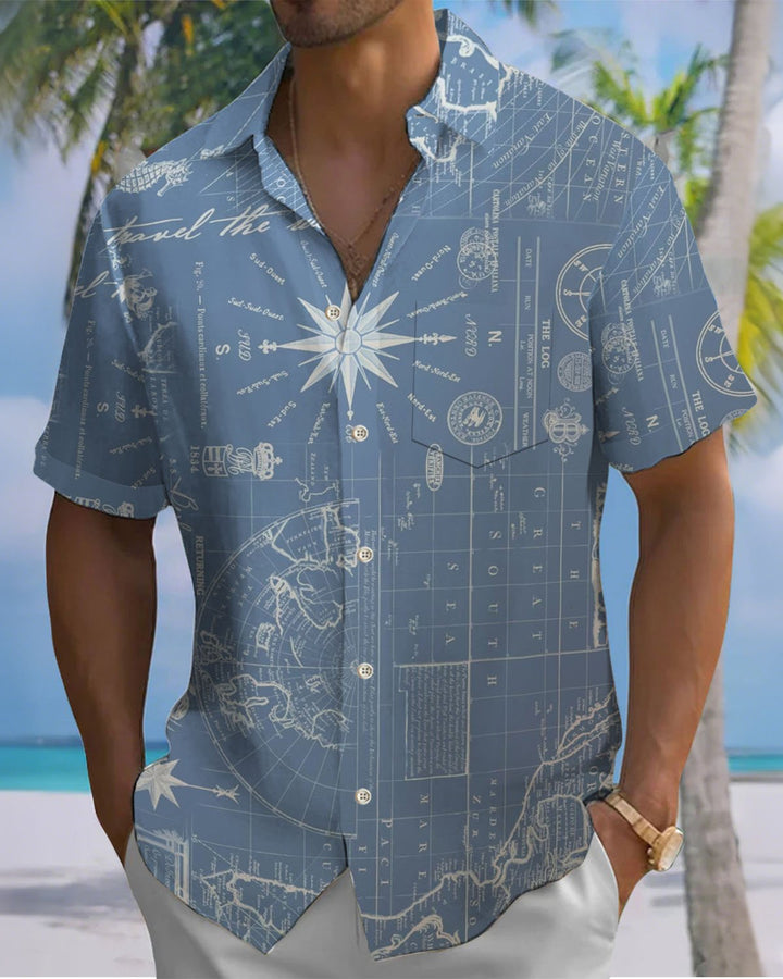Alohadaddy® Vintage Nautical Map Print Art Pocket Button-Down Men&