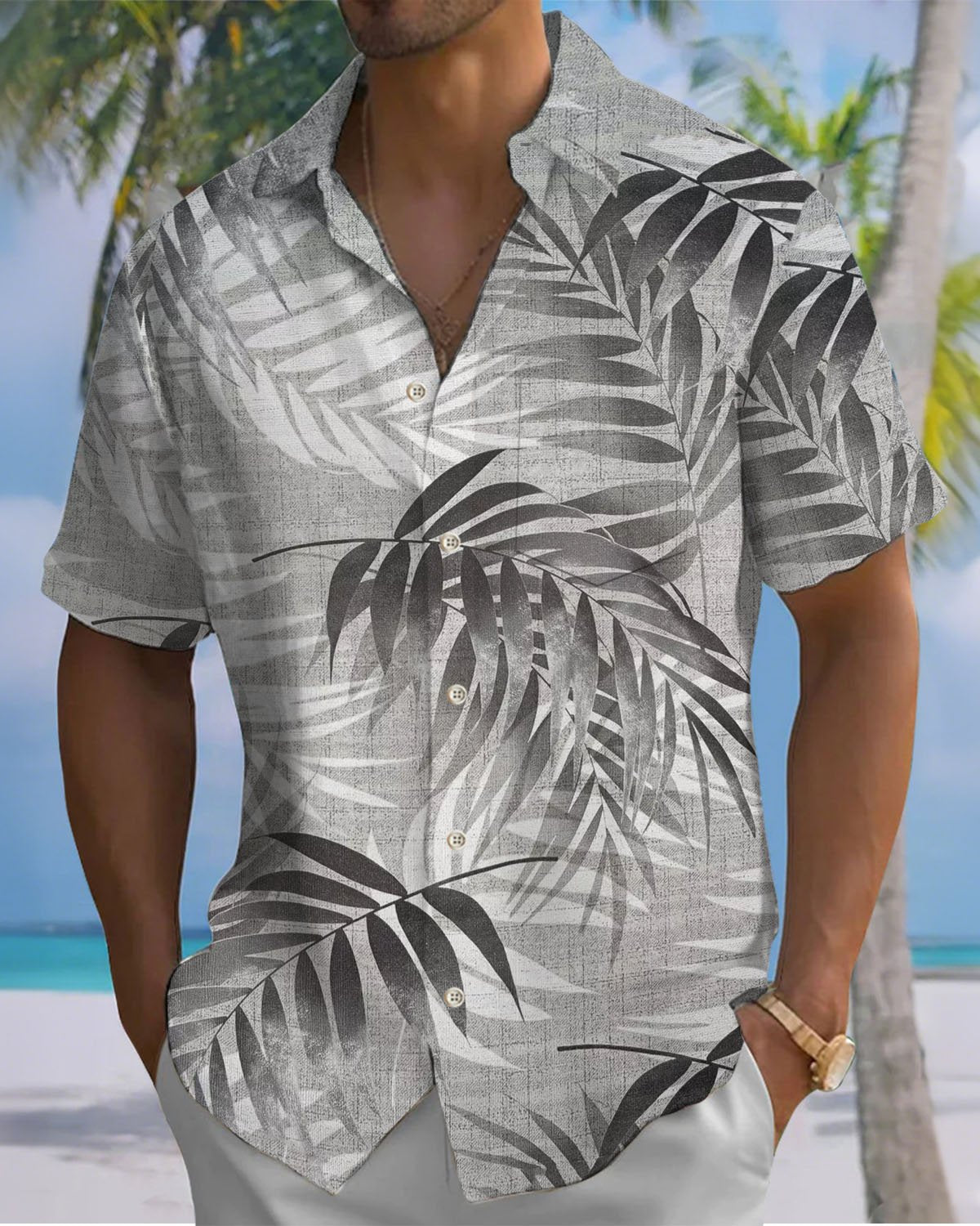 Alohadaddy® Hawaiian Palm Leaf Print Art Pocket Button Men's Short-Sleeve Shirt Big & Tall