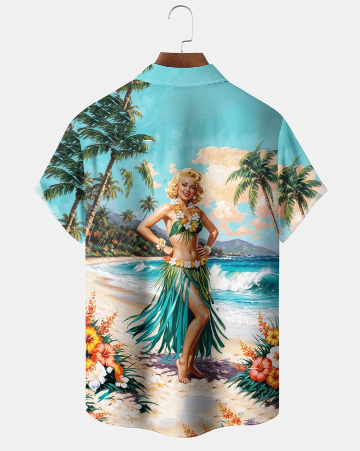 Alohadaddy® Hawaiian Vacation Poster Girl Print Art Button Cardigan Pocket Men&