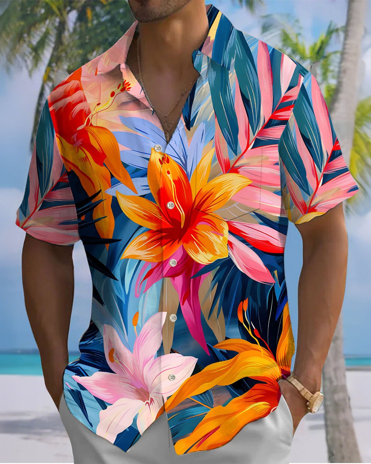 Alohadaddy® Casual Hawaiian Floral Print Artistic Button Pocket Cardigan Men's Short Sleeve Shirt Big & Tall