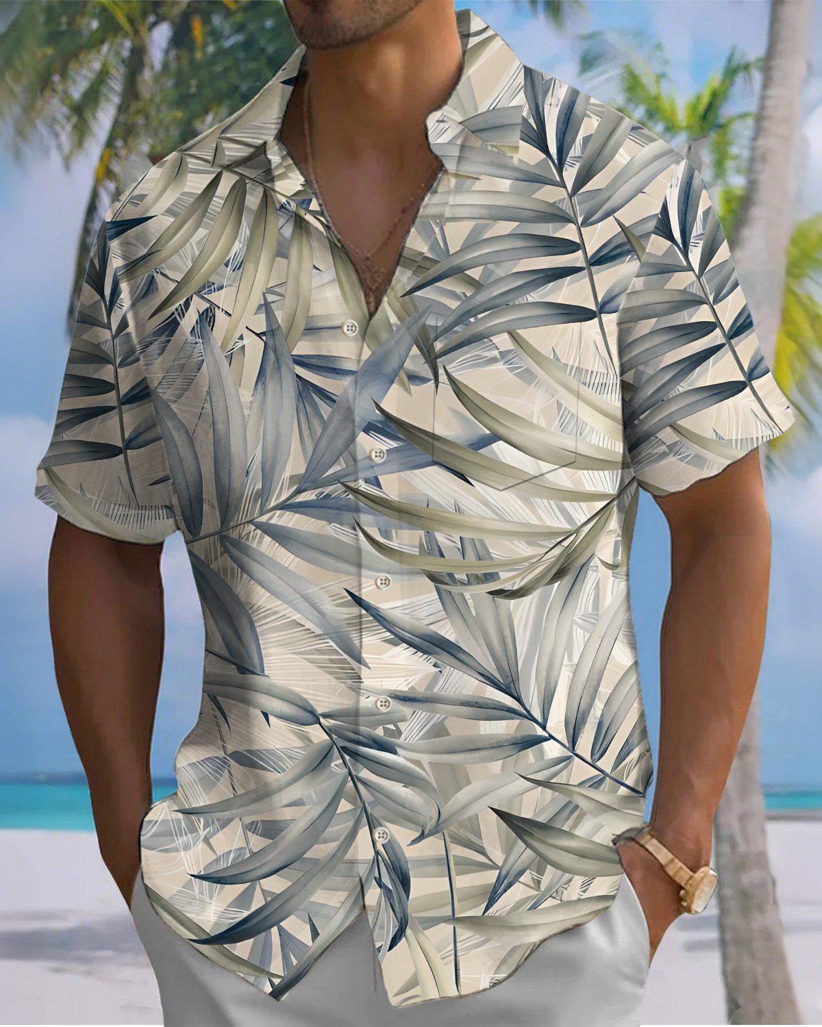 Alohadaddy® Hawaiian Palm Leaf Print Art Button Pocket Cardigan Men's Short Sleeve Shirt Big & Tall