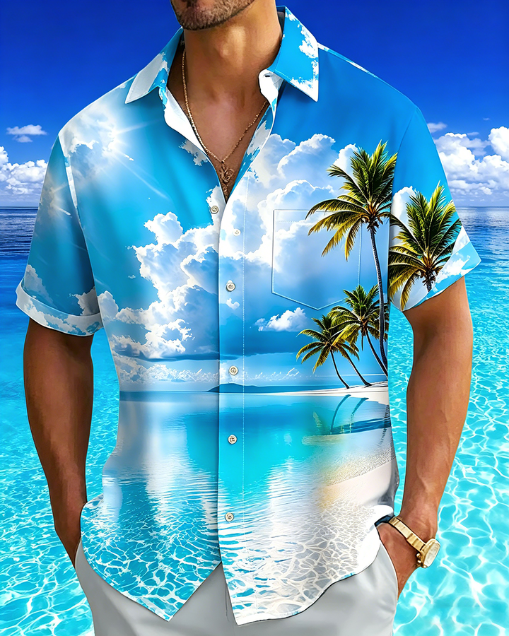 Alohadaddy® Hawaiian Palm Tree Print Art Button Pocket Cardigan Men&