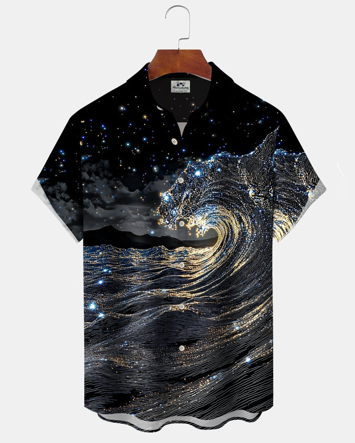 Alohadaddy® Hawaiian Wave Print Art Button Pocket Cardigan Men&
