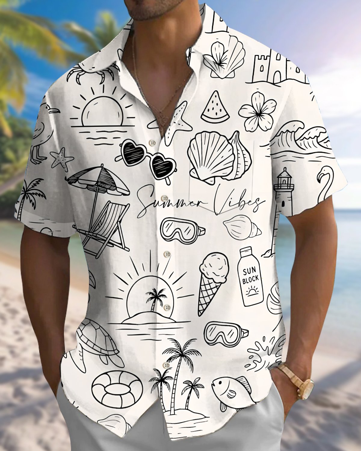Alohadaddy® Hawaiian Beach Vacation Print Art Button Pocket Cardigan Men's Short Sleeve Shirt