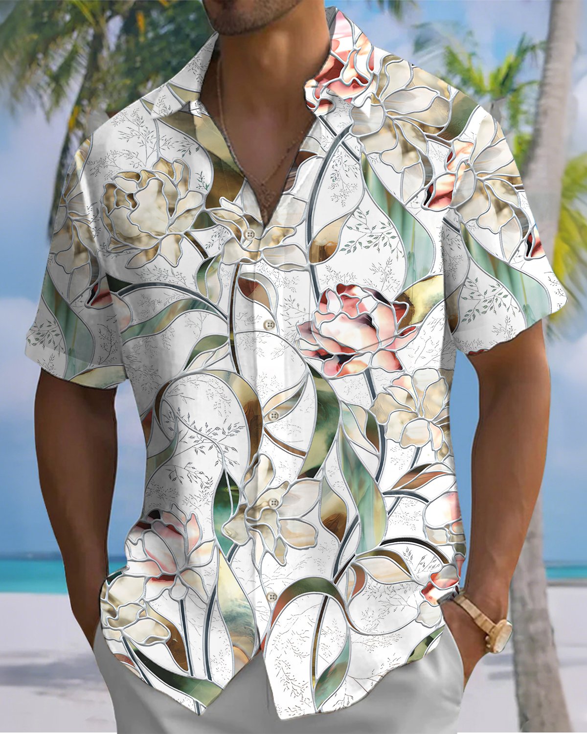 Alohadaddy® Men's Short-Sleeve Shirt  Vintage Floral Print Art Button-Front Cardigan Style with Pockets