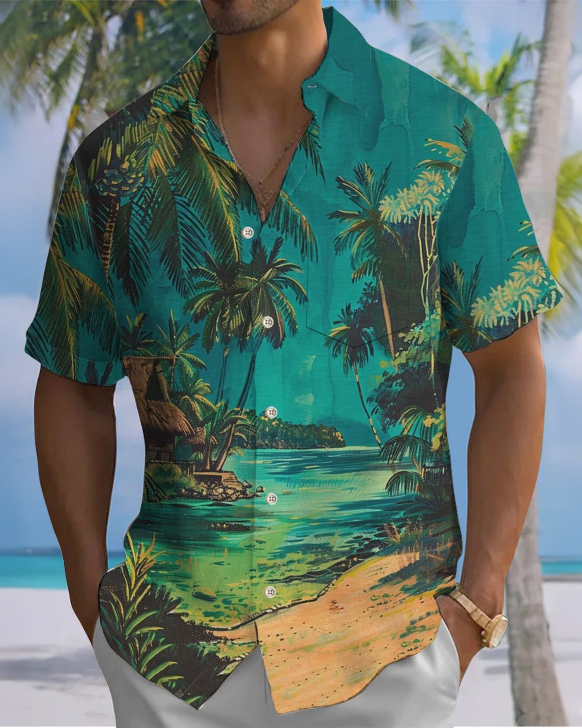 Alohadaddy® Men's Short-Sleeve Button-Down Shirt with Palm Tree Print and Chest Pocket
