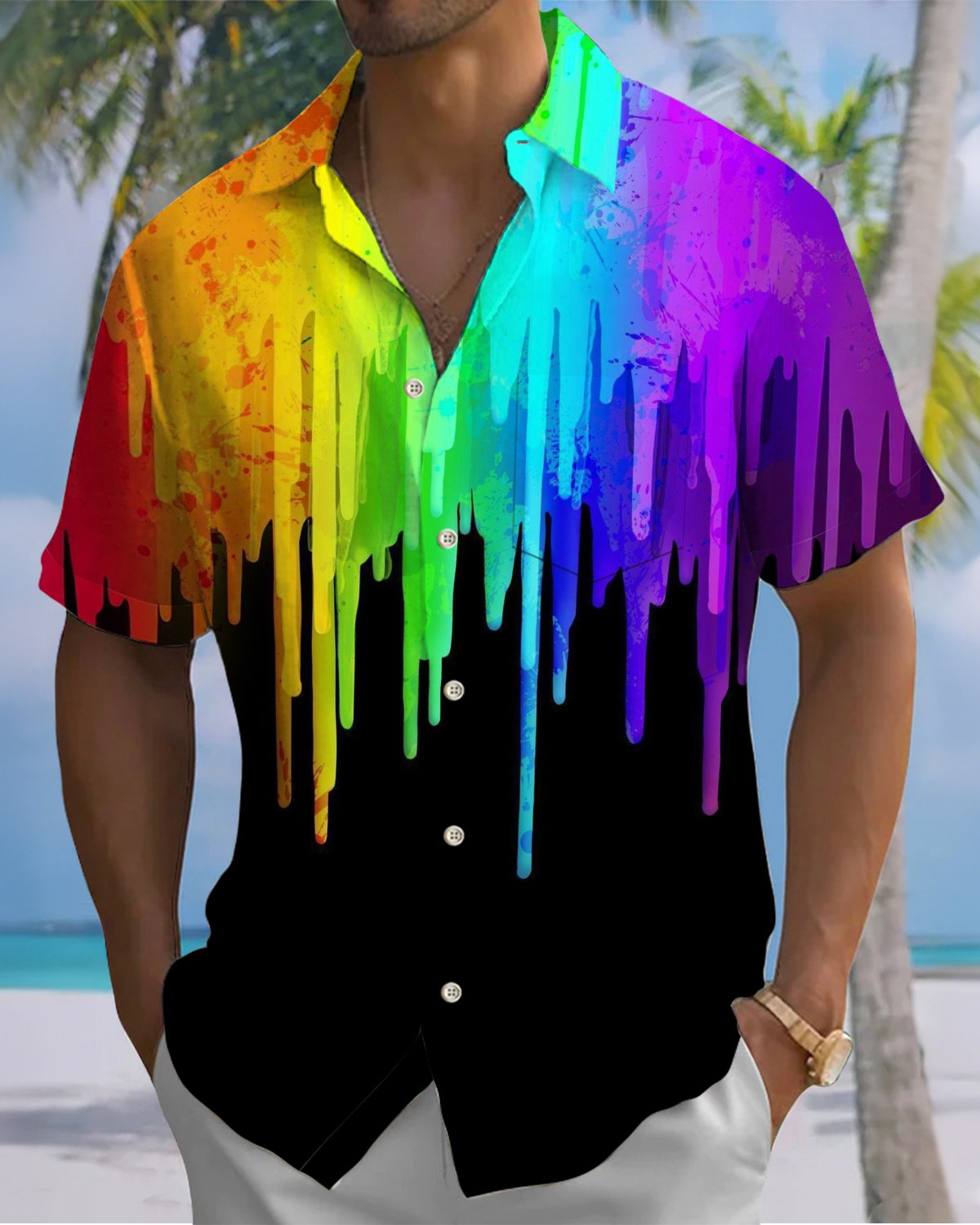Alohadaddy® Men's Short-Sleeve Button-Down Shirt  Casual Art-Print Cardigan Style with Pockets
