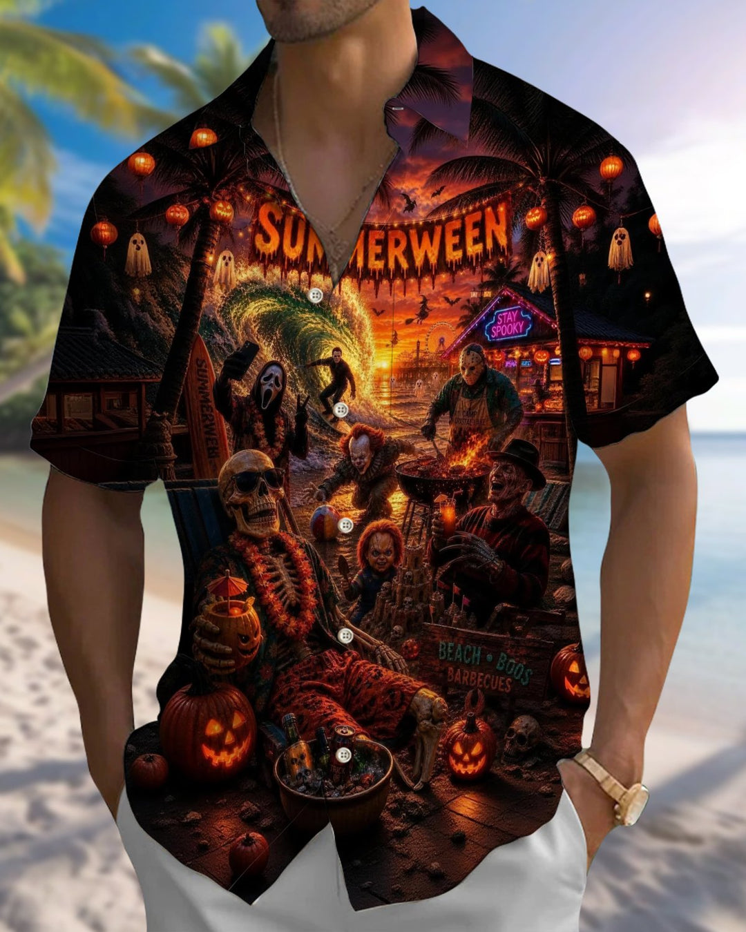 Alohadaddy® Holiday Halloween Print Button-Down Pocket Cardigan Short-Sleeve Shirt for Men