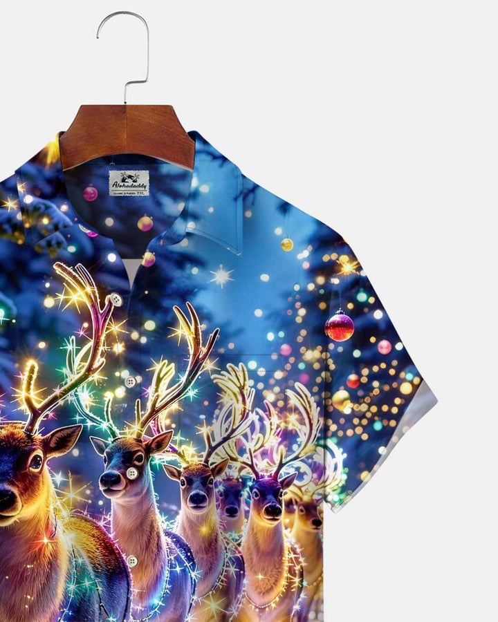Alohadaddy® Holiday/Christmas Reindeer Print Button-Down Cardigan-Style Short-Sleeve Shirt with Pocket for Men