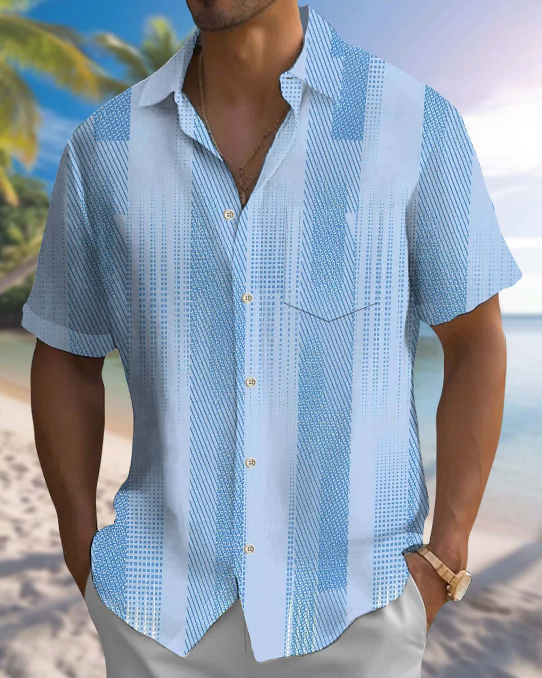 Alohadaddy® Men’s Short-Sleeve Cardigan Shirt  Casual Striped Artistically Printed Button-Down with Pocket