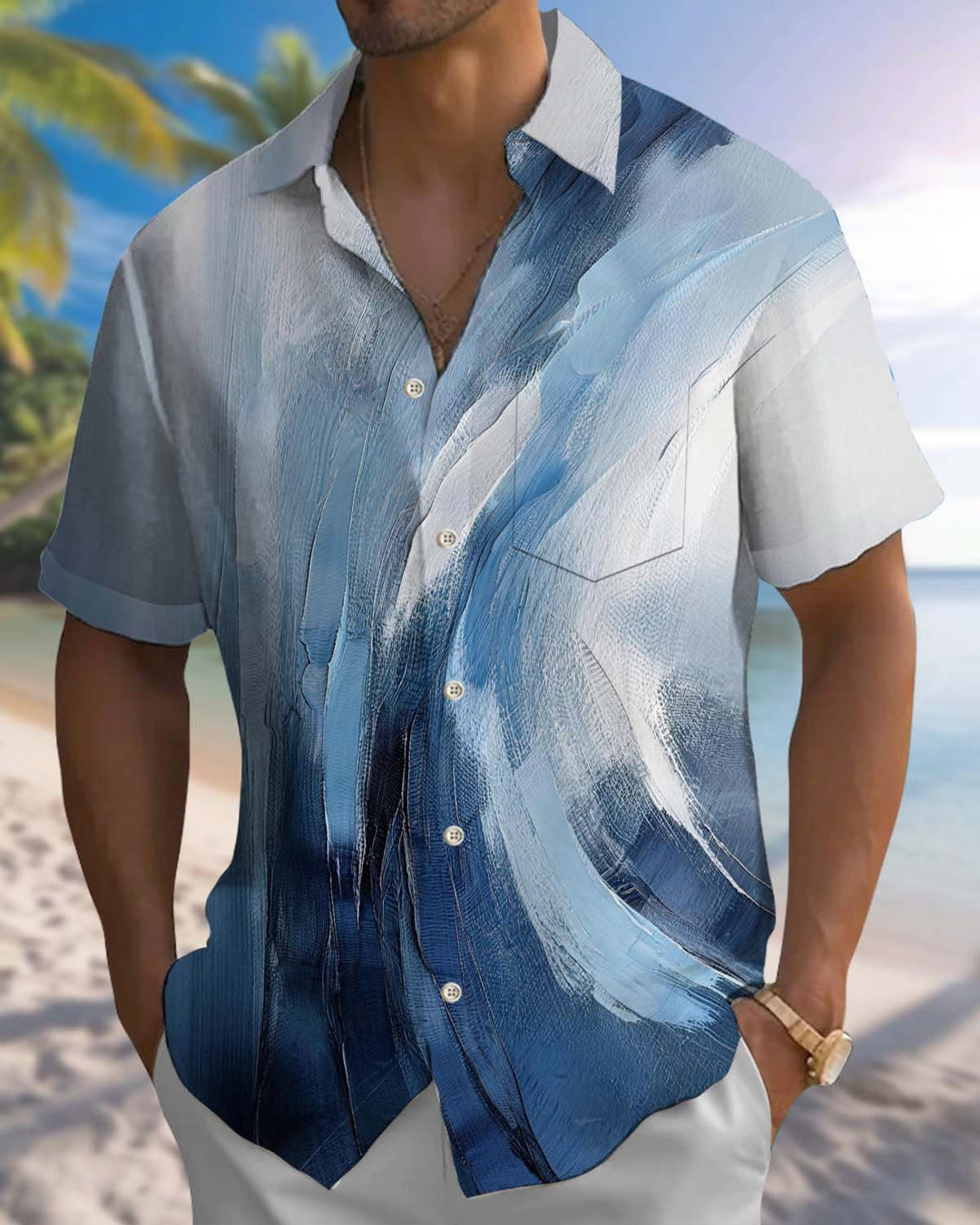 Alohadaddy® Men’s Short-Sleeve Button-Down Shirt with Pocket  Vintage Artistic Print