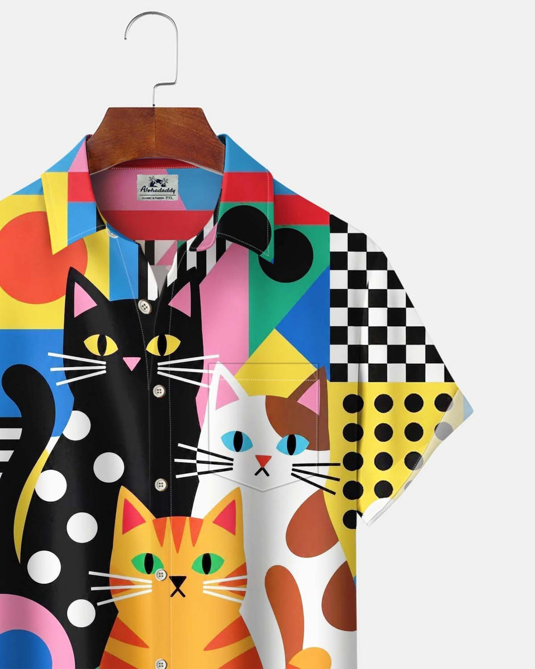 Alohadaddy® Men’s Short-Sleeve Button-Down Shirt Vintage-Style Geometric Cat-Print Cardigan with Pocket